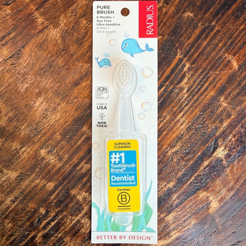 RADIUS Pure Baby Toothbrush 6 Months‎ Plus Ultra Soft Bristles Dye Free Clear